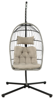 Hängesessel mit grauem Gestell und beigem Kissen, Frontalansicht