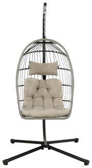 Hängesessel mit grauem Gestell und beigem Kissen, Frontalansicht