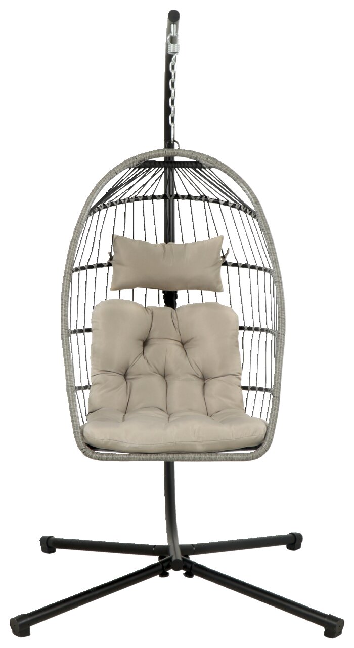 Hängesessel mit grauem Gestell und beigem Kissen, Frontalansicht