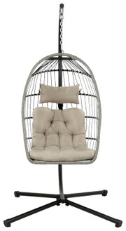 Hangstoel met grijs frame en beige kussen, vooraanzicht
