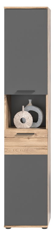 Hochschrank der Badkombination MID.YOU MASON in Frontansicht, mit grauen Türen und Holzdetails, dekoriert mit modernen Keramikvasen.