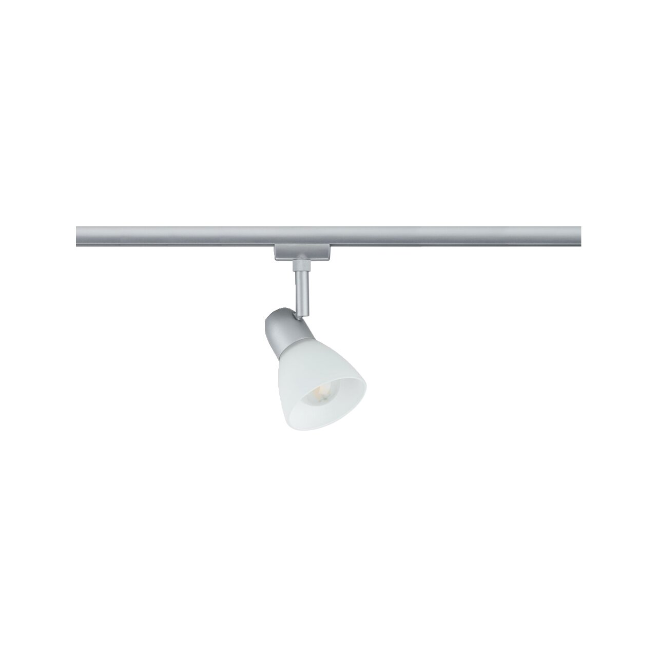 RAILSPOT-lampen URAIL van PAULMANN in zijaanzicht, gemonteerd op een rail, met een modern ontwerp en een witte lampenkap.