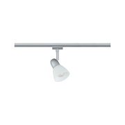 RAILSPOT-lampen URAIL van PAULMANN in zijaanzicht, gemonteerd op een rail, met een modern ontwerp en een witte lampenkap.