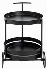 Schwarzer Servierwagen mit zwei runden Ablagen und Griff, seitliche Perspektive