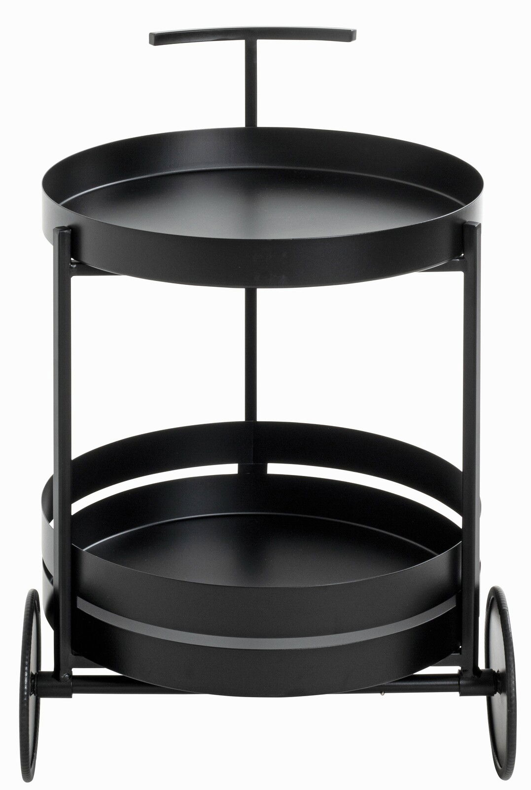 Schwarzer Servierwagen mit zwei runden Ablagen und Griff, seitliche Perspektive