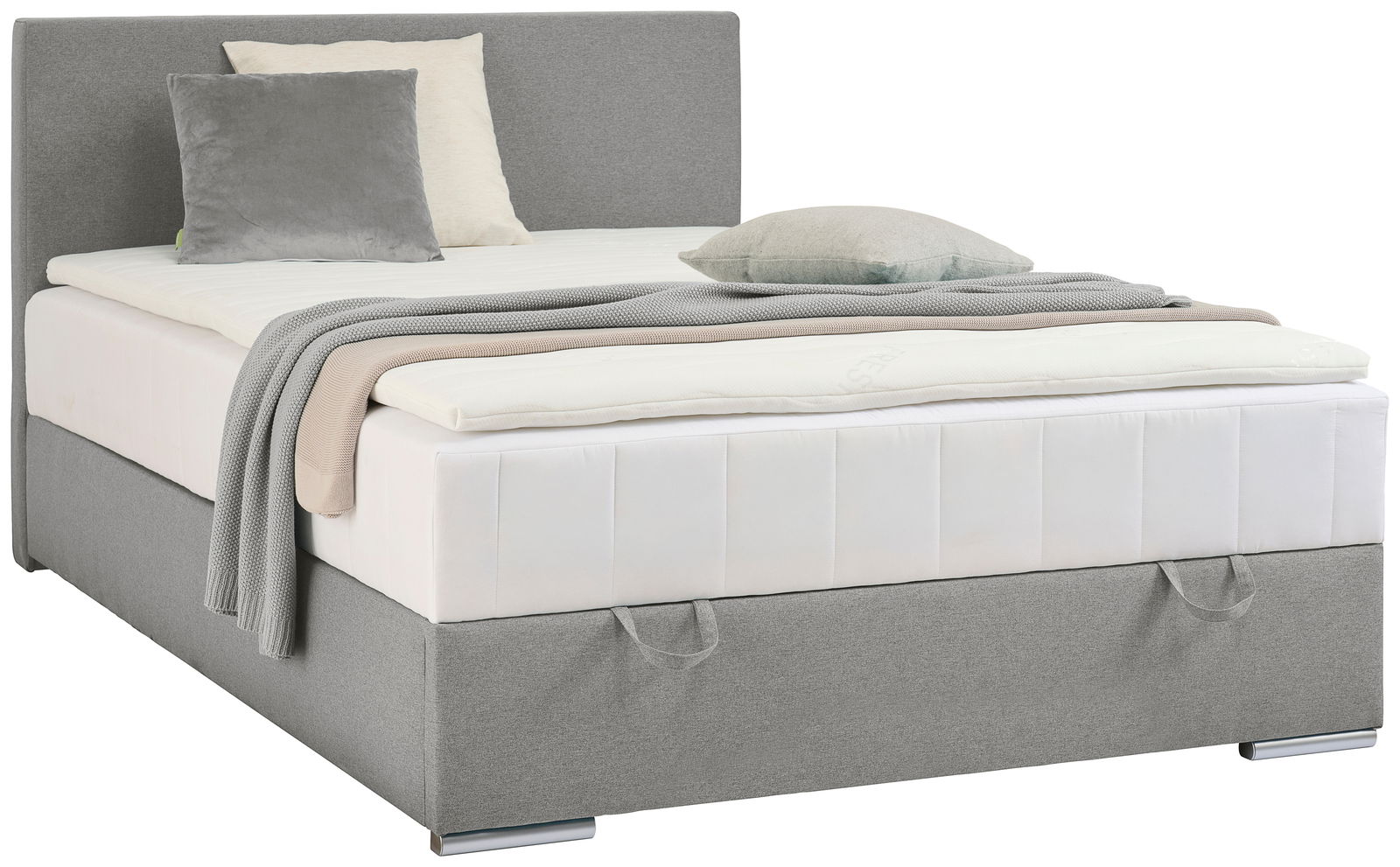 Boxbett 140 in grauem Stoff mit Kopfteil, seitlicher Perspektive, dekoriert mit Kissen und Decken.