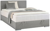Boxbett 140 in grauem Stoff mit Kopfteil, seitlicher Perspektive, dekoriert mit Kissen und Decken.