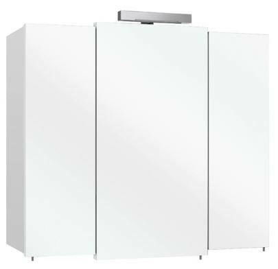 Moderner Spiegelschrank mit drei Türen, frontal betrachtet, mit integrierter Beleuchtung oben.