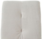 Nahaufnahme der gepolsterten Rückenlehne eines Schwingstuhls mit hellgrauem, geripptem Stoffbezug.