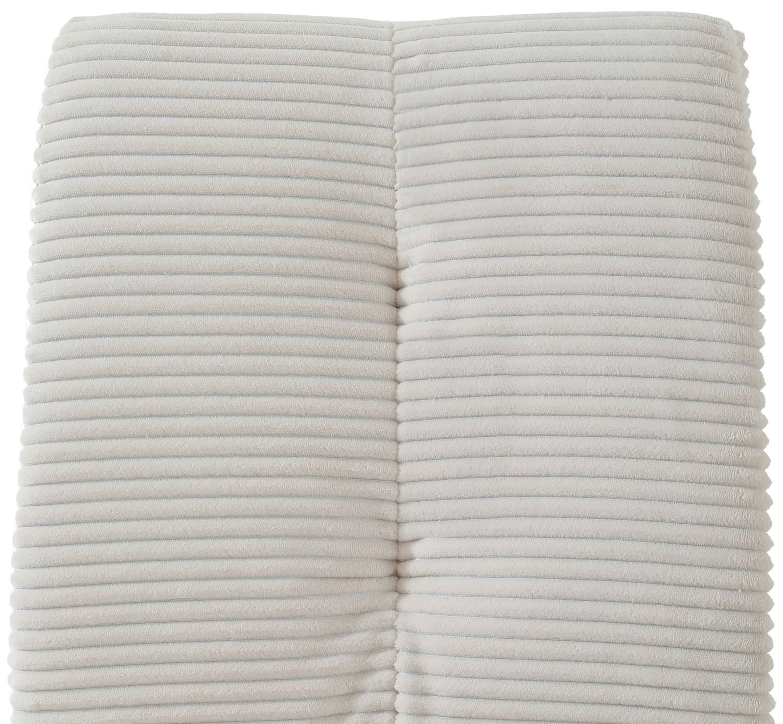 Nahaufnahme der gepolsterten Rückenlehne eines Schwingstuhls mit hellgrauem, geripptem Stoffbezug.