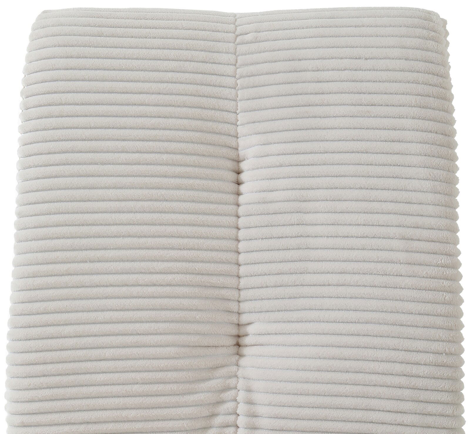 Nahaufnahme der gepolsterten Rückenlehne eines Schwingstuhls mit hellgrauem, geripptem Stoffbezug.