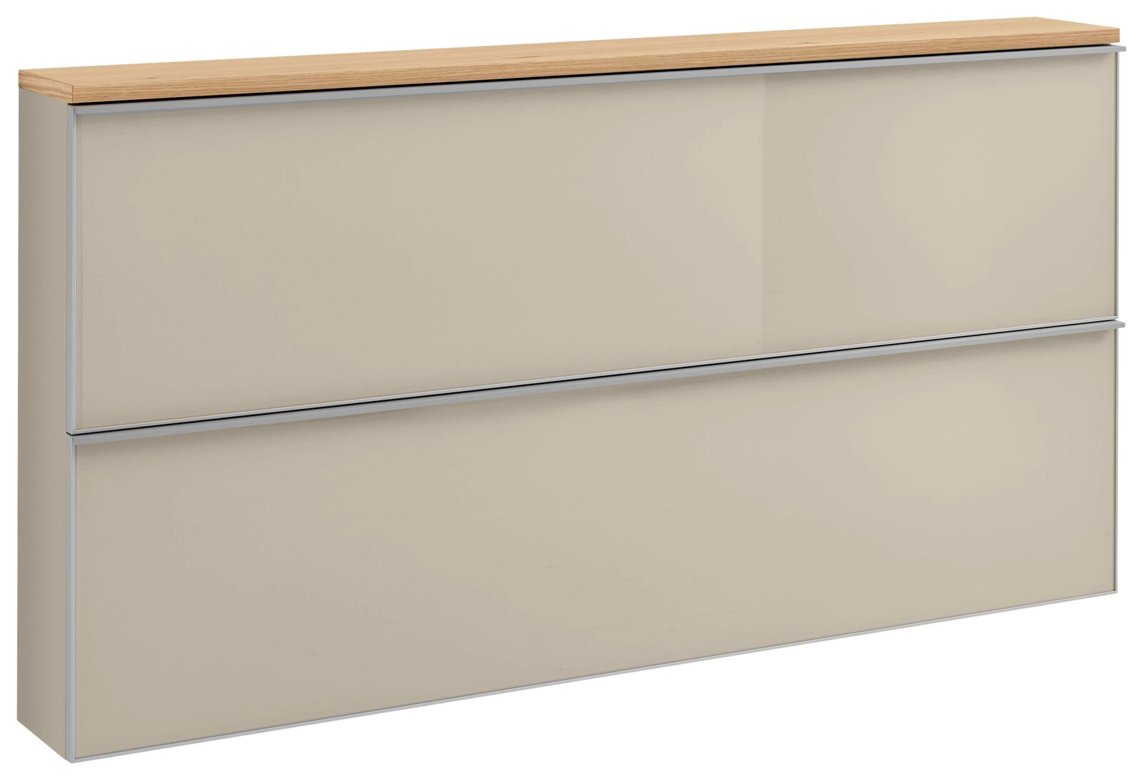 Beiges Sideboard mit zwei großen Frontpaneelen, silberfarbenen Rahmenkanten und Holzplatte, in schräger Frontansicht von links oben freigestellt.