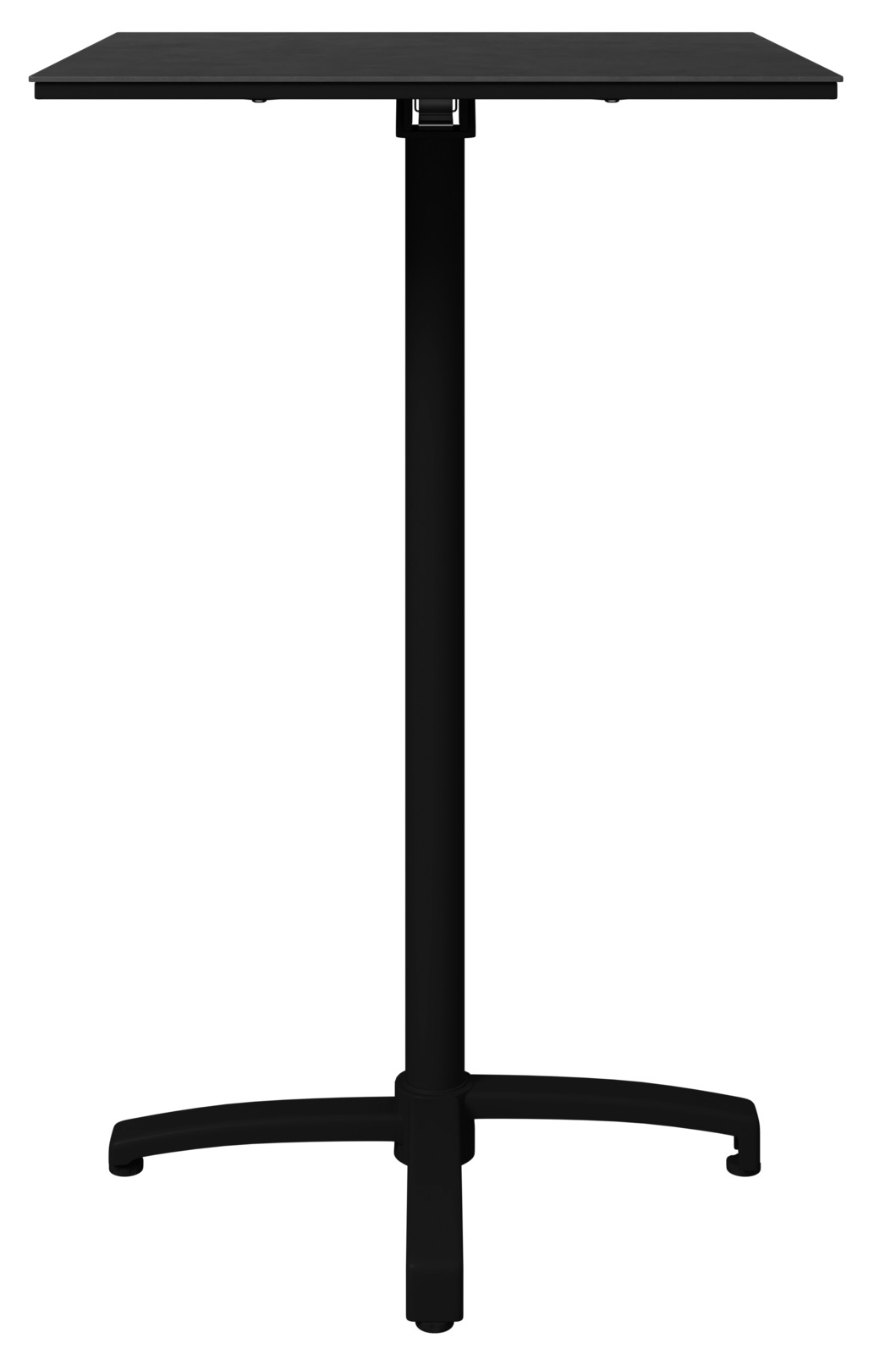Schwarzer Stehtisch mit quadratischer Tischplatte und stabilem Mittelfuß, frontal abgebildet.