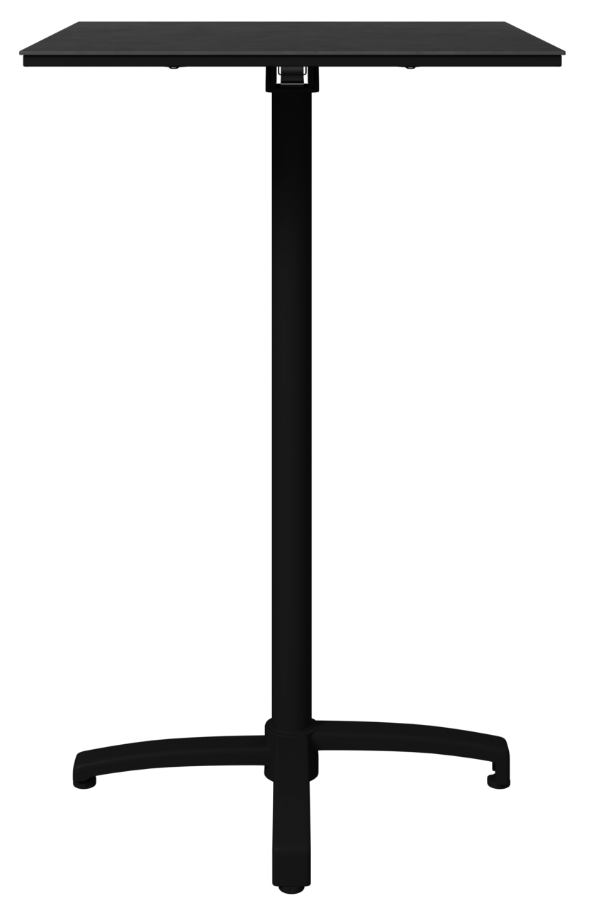 Schwarzer Stehtisch mit quadratischer Tischplatte und stabilem Mittelfuß, frontal abgebildet.