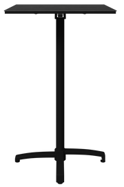 Schwarzer Stehtisch mit quadratischer Tischplatte und stabilem Mittelfuß, frontal abgebildet.