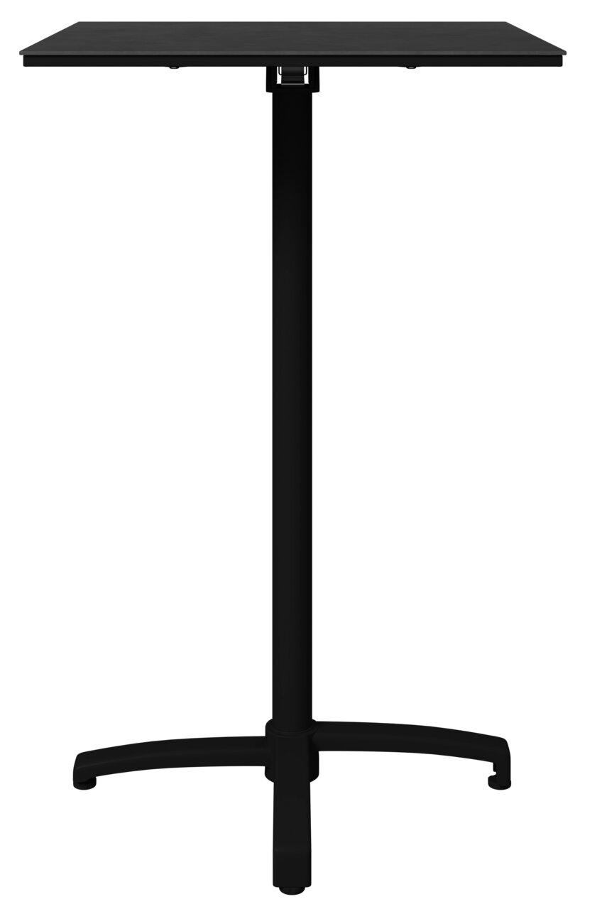Schwarzer Stehtisch mit quadratischer Tischplatte und stabilem Mittelfuß, frontal abgebildet.