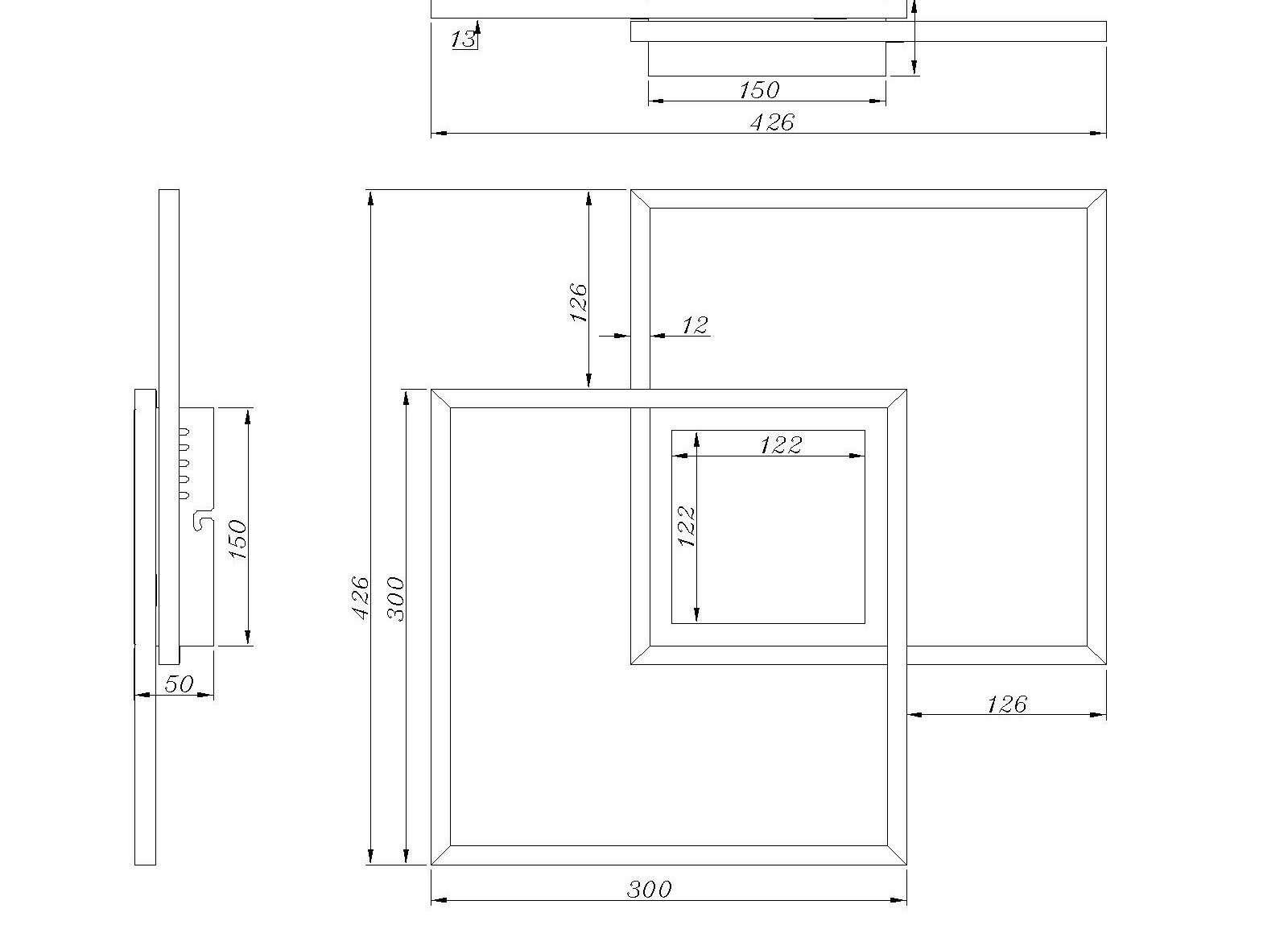 Technische Zeichnung der Globo Lighting Deckenleuchte SAUNDERS, Seiten- und Draufsicht mit detaillierten Abmessungen.