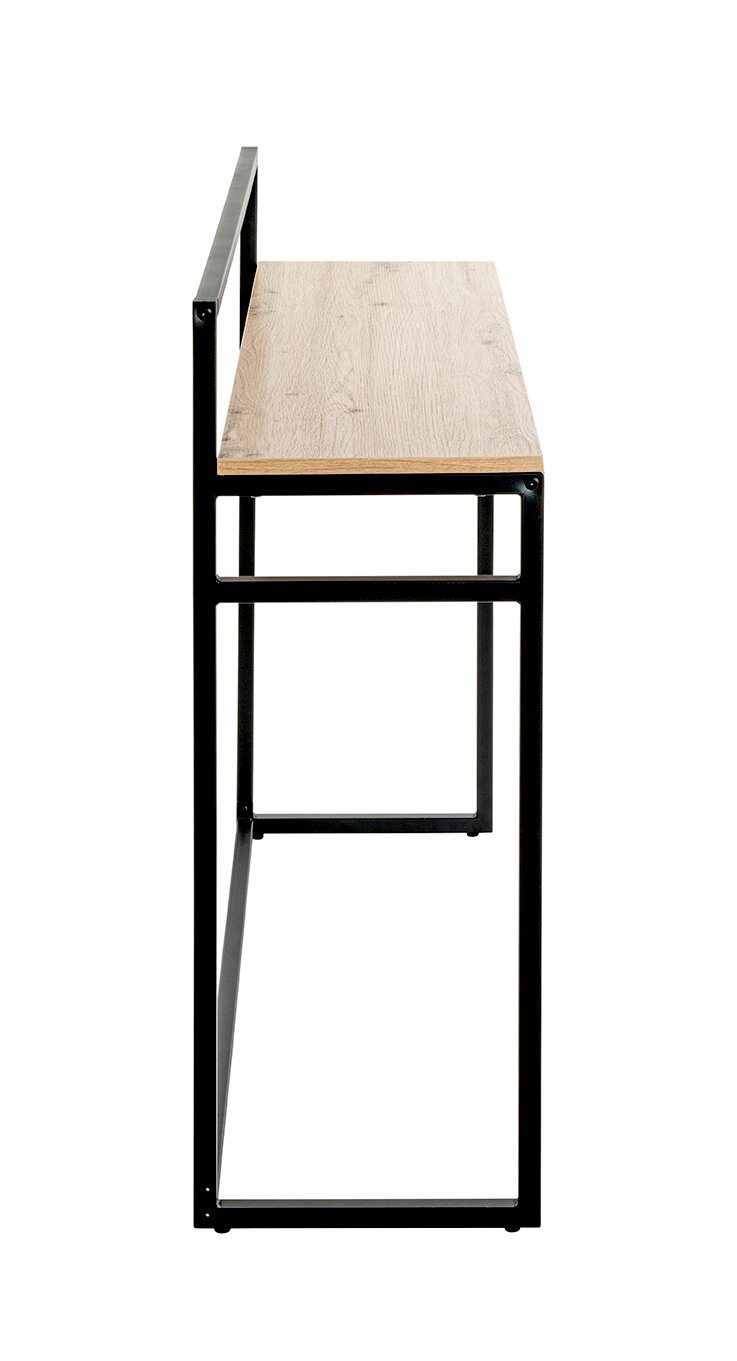 Schmaler Konsolentisch im Industrial-Design mit schwarzem Metallgestell und heller Holzplatte, Seitenansicht vor weißem Hintergrund