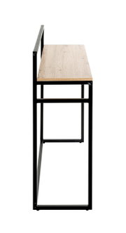 Schmaler Konsolentisch im Industrial-Design mit schwarzem Metallgestell und heller Holzplatte, Seitenansicht vor weißem Hintergrund