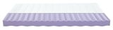 Querschnitt einer Jugendmatratze 90x200 cm mit weißer Oberfläche und lila Schaumstoffkern, seitliche Perspektive