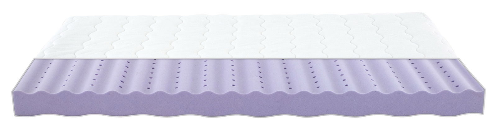 Querschnitt einer Jugendmatratze 90x200 cm mit weißer Oberfläche und lila Schaumstoffkern, seitliche Perspektive