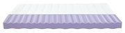 Querschnitt einer Jugendmatratze 90x200 cm mit weißer Oberfläche und lila Schaumstoffkern, seitliche Perspektive