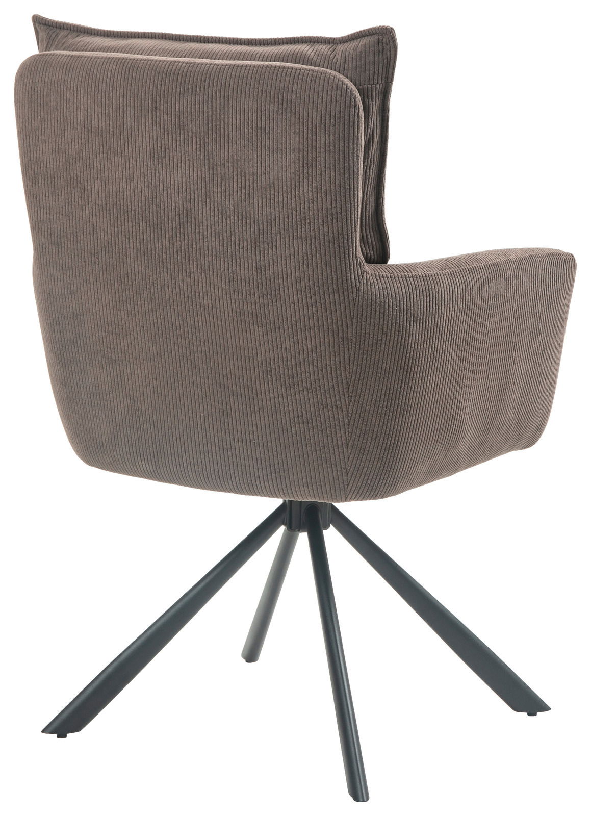 Rückansicht eines modernen Sessels mit braunem Stoffbezug und schwarzem Metallgestell.