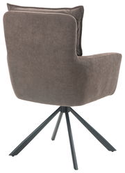 Rückansicht eines modernen Sessels mit braunem Stoffbezug und schwarzem Metallgestell.