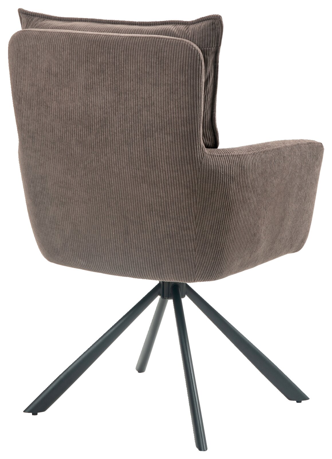 Achterkant van een moderne fauteuil met bruine stoffen bekleding en een zwart metalen frame.