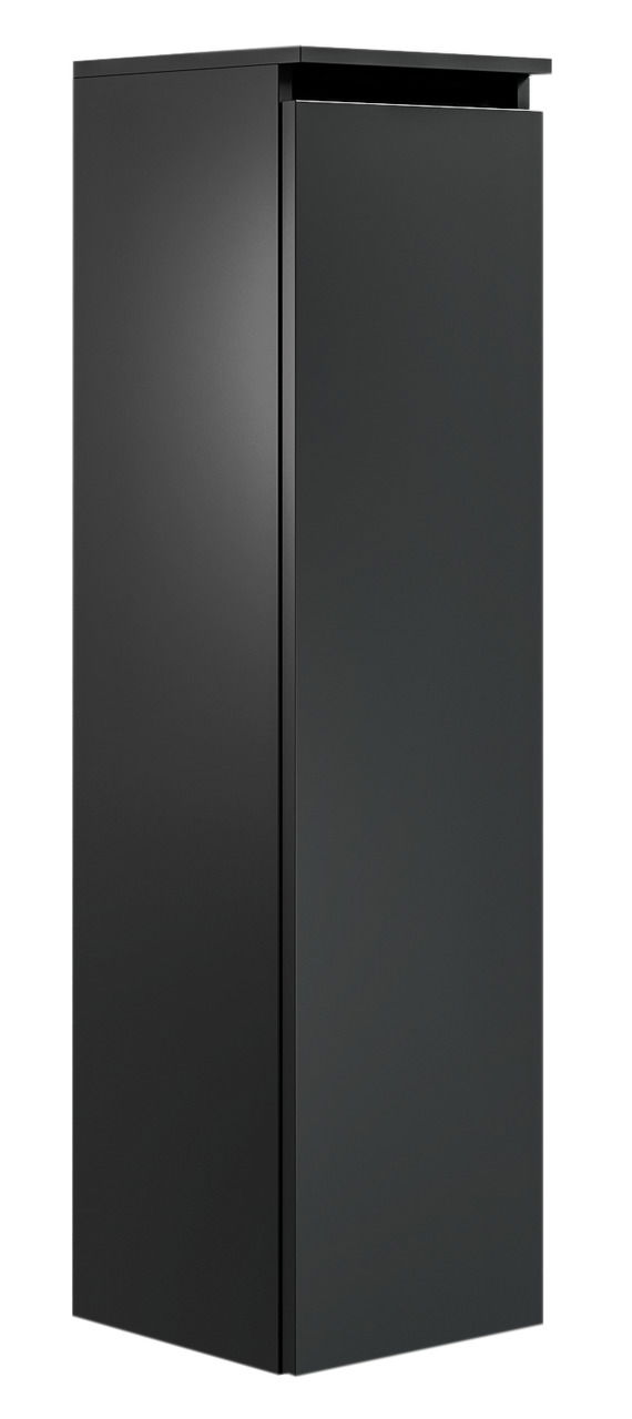 Schwarzer, moderner Badezimmerschrank in Frontalansicht mit glatter Oberfläche und minimalistischer Gestaltung.