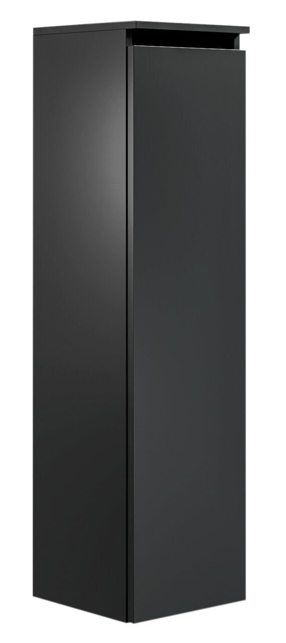 Schwarzer, moderner Badezimmerschrank in Frontalansicht mit glatter Oberfläche und minimalistischer Gestaltung.