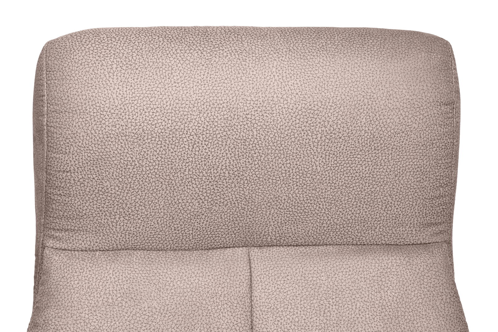 Nahaufnahme der Rückenlehne eines Chefsessels mit strukturierter, beiger Polsterung, von vorne betrachtet.