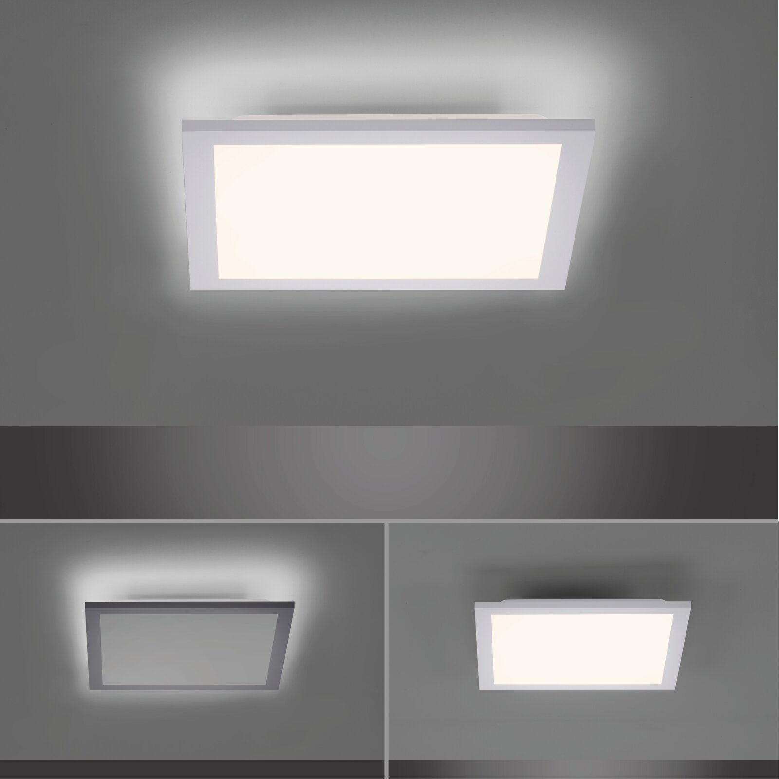 Rechteckige, flache LED-Deckenleuchte in Weiß mit leuchtender Diffusorfläche und indirektem Lichtkranz an der Decke, Ansicht von unten (Untersicht)