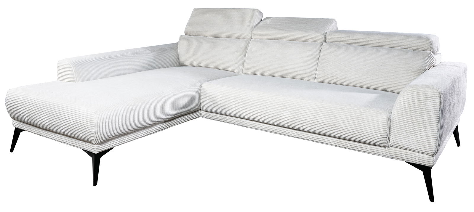 Helles, modernes Ecksofa mit verstellbaren Kopfstützen und schwarzen Beinen, seitliche Perspektive