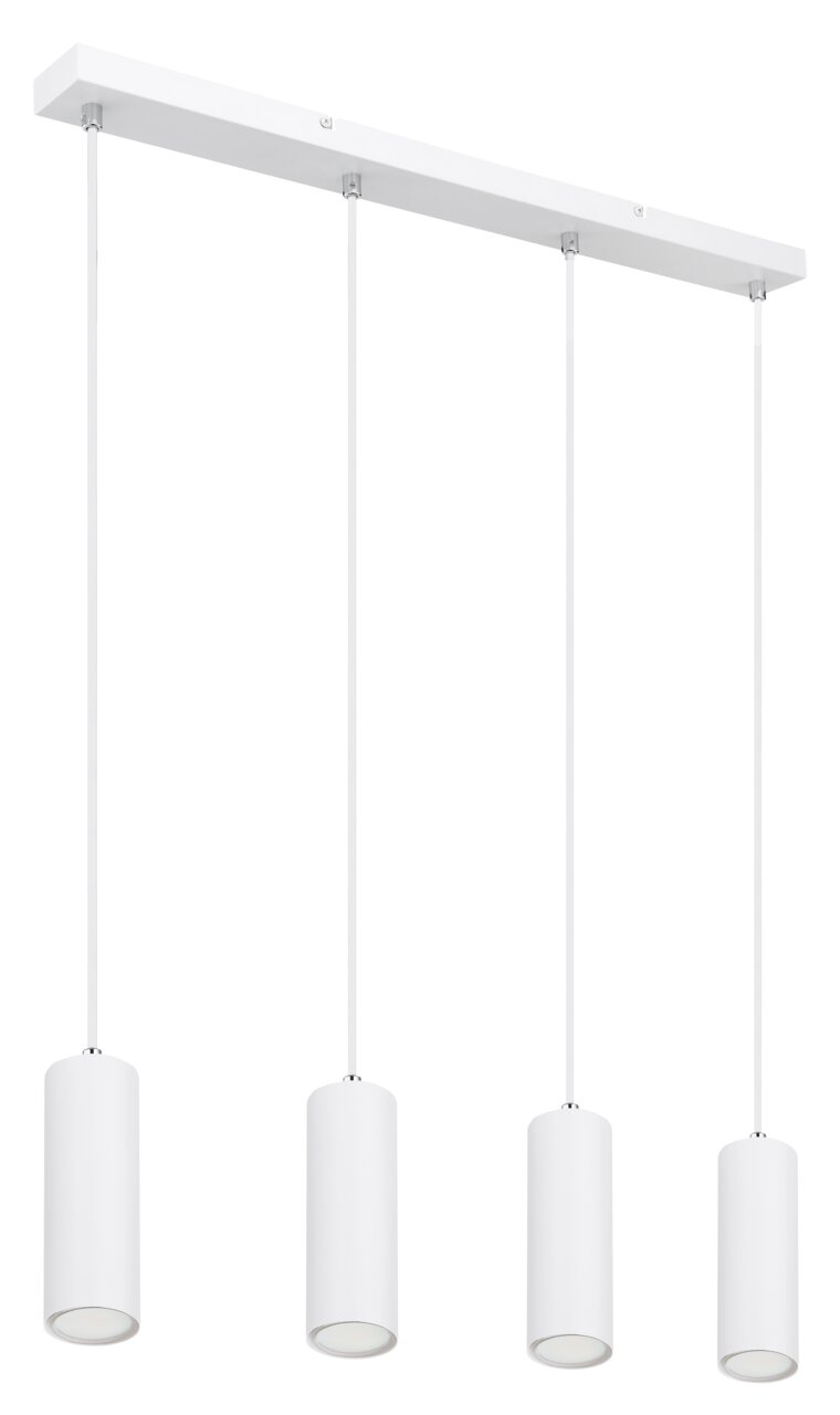 Moderne weiße Hängeleuchte mit vier zylindrischen Lampenschirmen, seitliche Perspektive