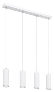 Moderne weiße Hängeleuchte mit vier zylindrischen Lampenschirmen, seitliche Perspektive