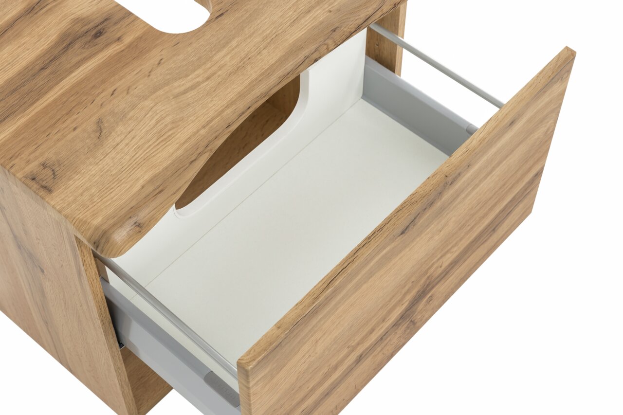 Waschbeckenunterschrank aus Holz mit geöffneter Schublade, Ansicht von oben