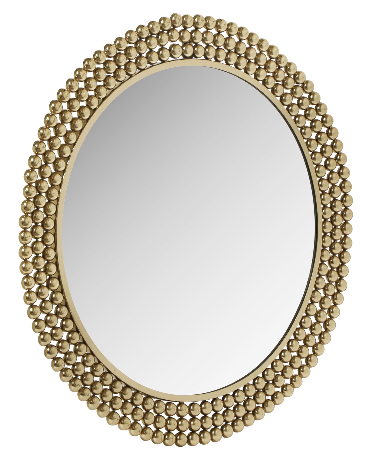 Runder Spiegel mit einem Durchmesser von 76 cm, umgeben von einem dekorativen Rahmen aus goldenen Kugeln, frontal betrachtet.
