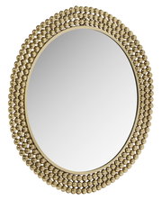 Runder Spiegel mit einem Durchmesser von 76 cm, umgeben von einem dekorativen Rahmen aus goldenen Kugeln, frontal betrachtet.