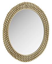 Runder Spiegel mit einem Durchmesser von 76 cm, umgeben von einem dekorativen Rahmen aus goldenen Kugeln, frontal betrachtet.