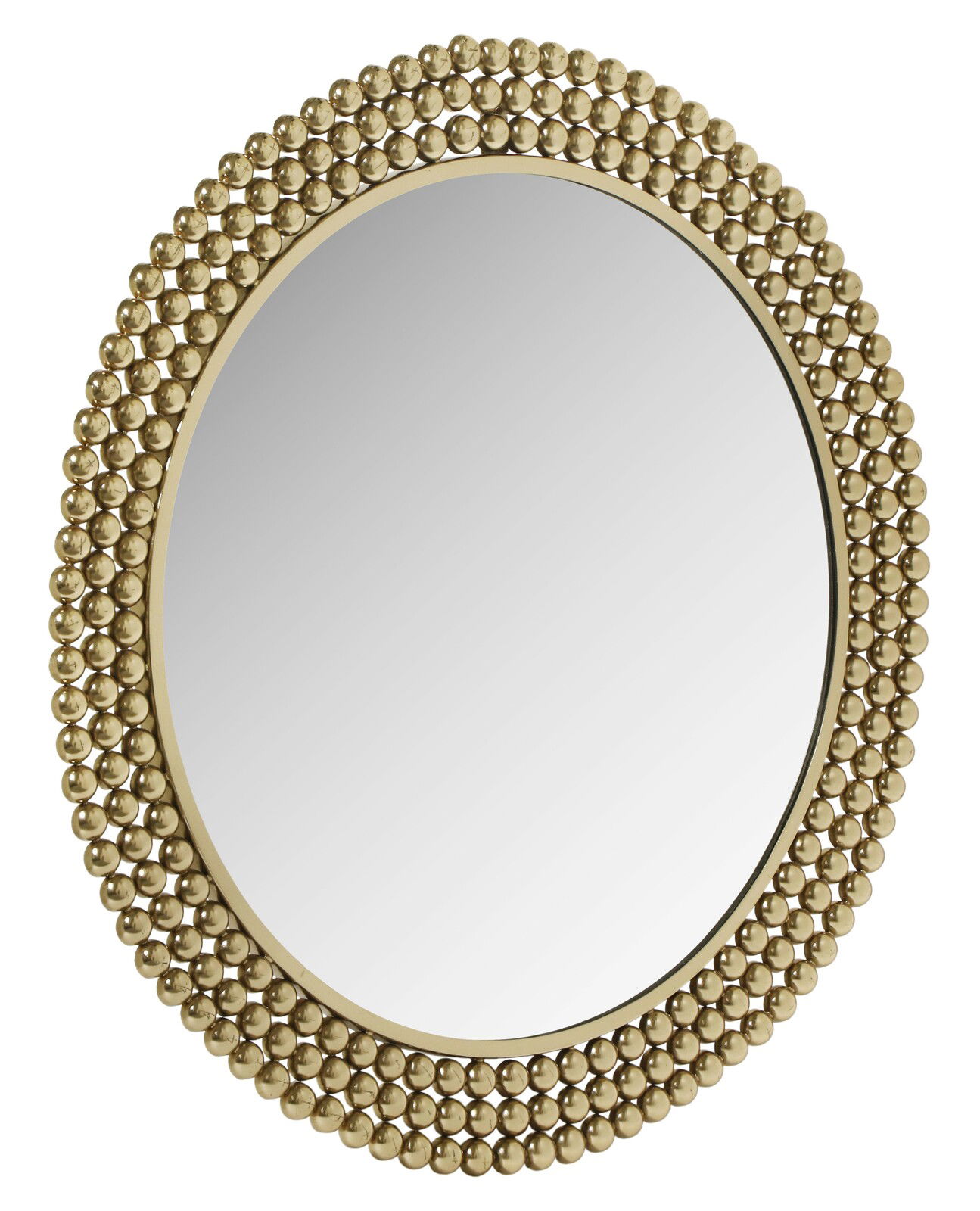 Runder Spiegel mit einem Durchmesser von 76 cm, umgeben von einem dekorativen Rahmen aus goldenen Kugeln, frontal betrachtet.