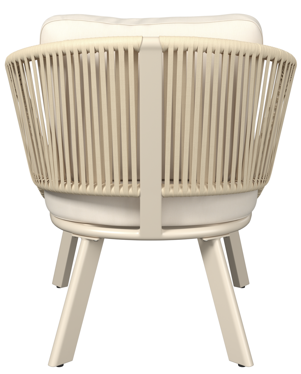 Rückansicht eines Loungesessels mit hellem Holzrahmen und beigen Polstern