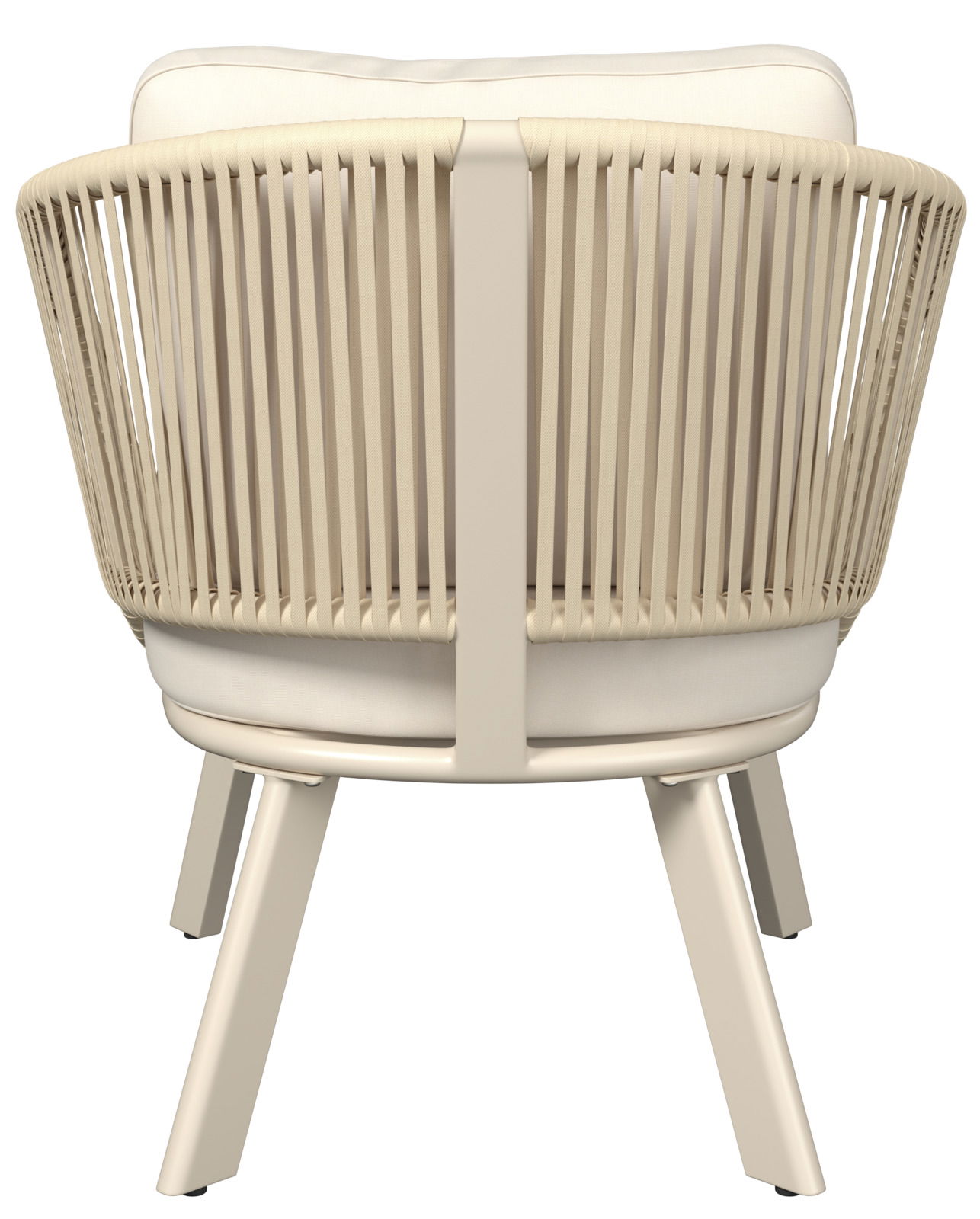 Rückansicht eines Loungesessels mit hellem Holzrahmen und beigen Polstern