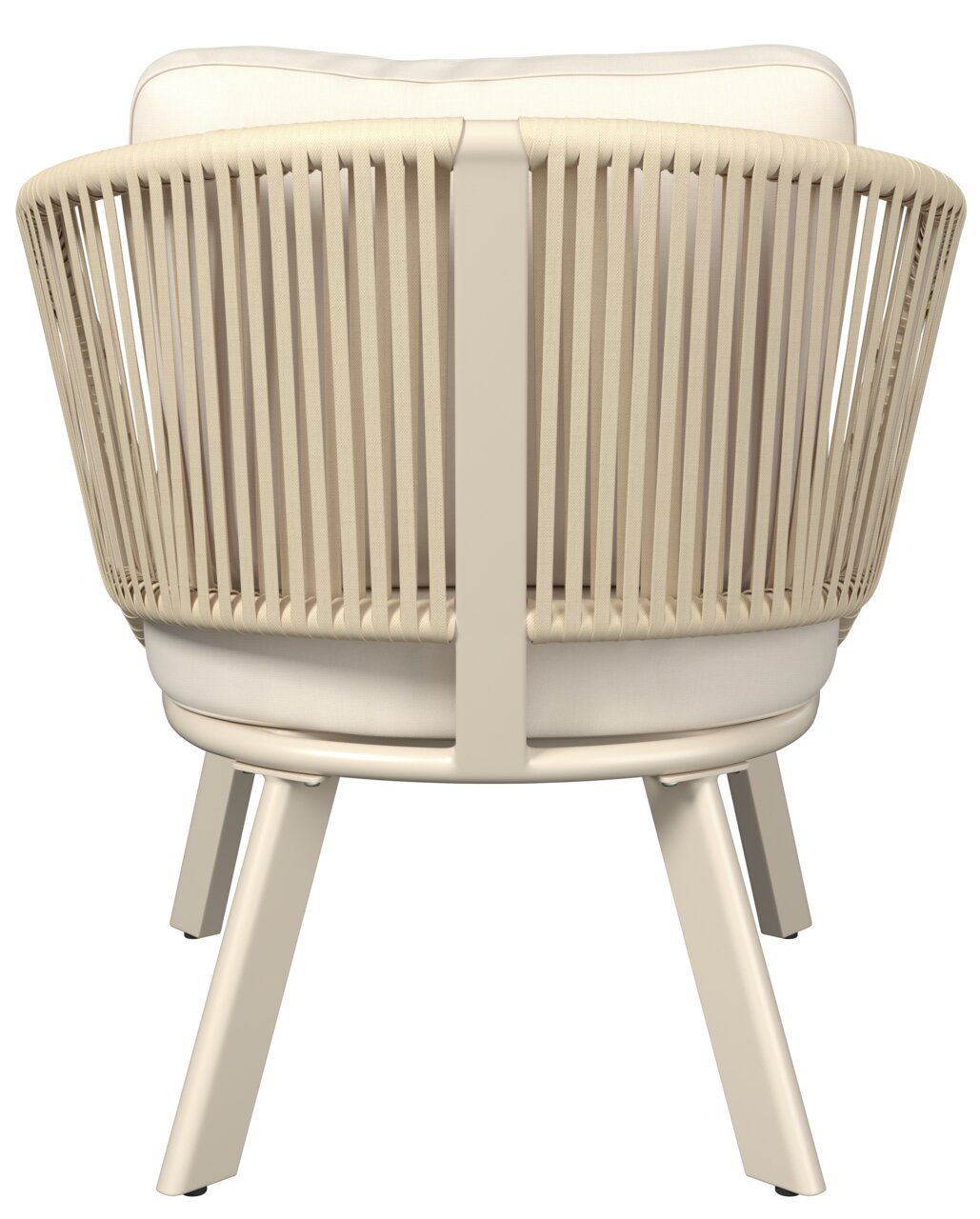 Achterkant van een loungestoel met een lichthouten frame en beige bekleding