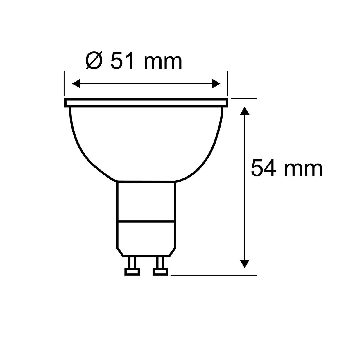 Technische Maßzeichnung einer GU10-Reflektorlampe in Vorderansicht mit Abmessungen: Durchmesser 51 mm, Höhe 54 mm.