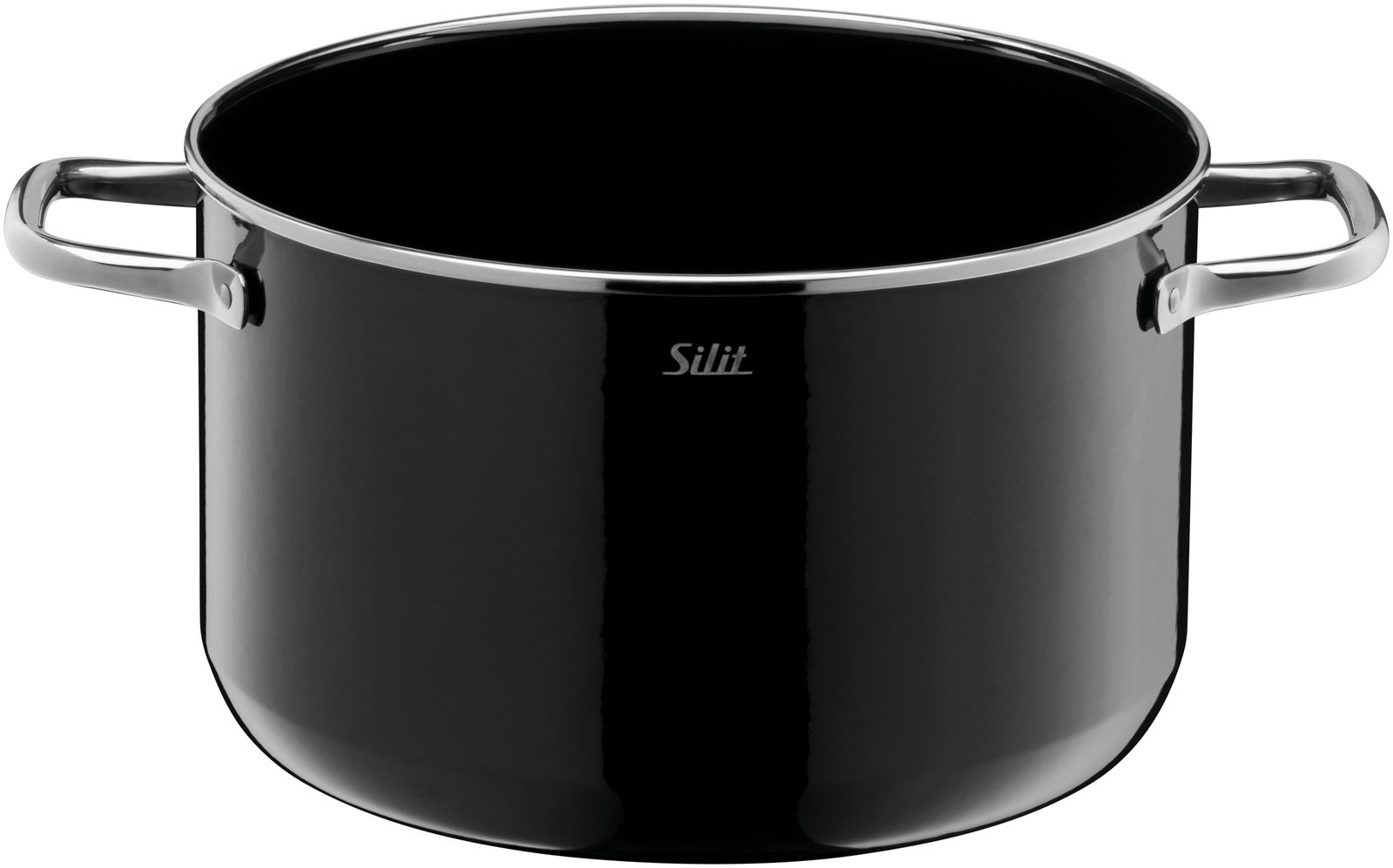 Schwarzer Kochtopf der Elegance Line mit zwei Griffen, seitliche Perspektive