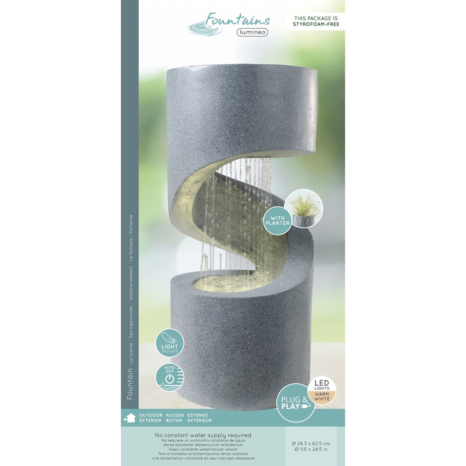 Grauer, moderner Outdoor-Gartenbrunnen in S-Form mit Wasserfall und warmweißer LED-Beleuchtung, inklusive Pflanzschale, in frontaler Ansicht.