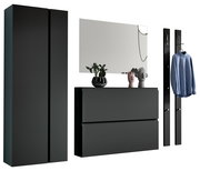 Garderobenset in modernem Design mit einem hohen Schrank, einer Kommode mit Spiegel und zwei Wandpaneelen mit Haken, frontal betrachtet.