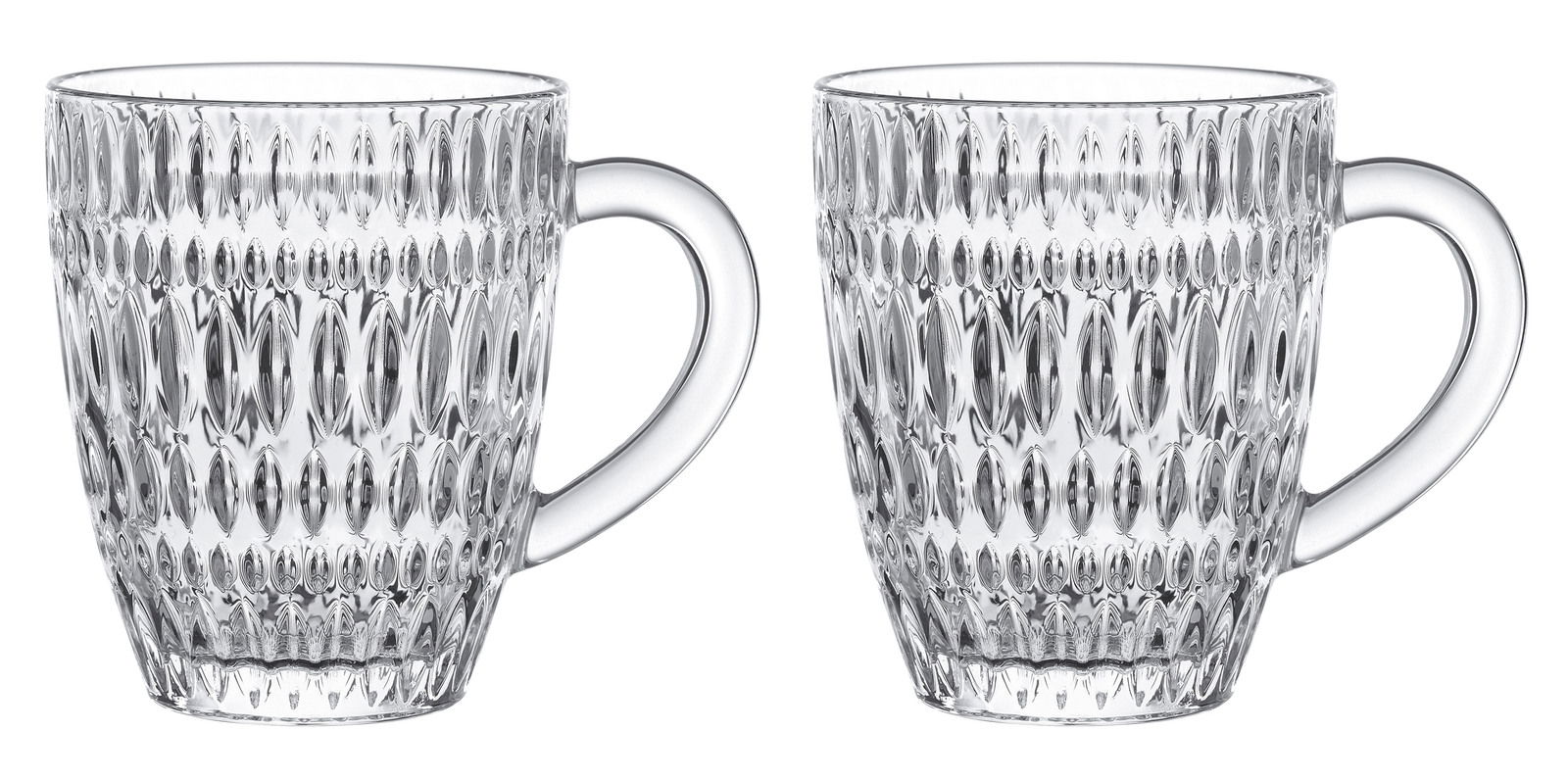 Zwei durchsichtige Barista Kaffeebecher mit strukturiertem Design, frontal nebeneinander stehend.