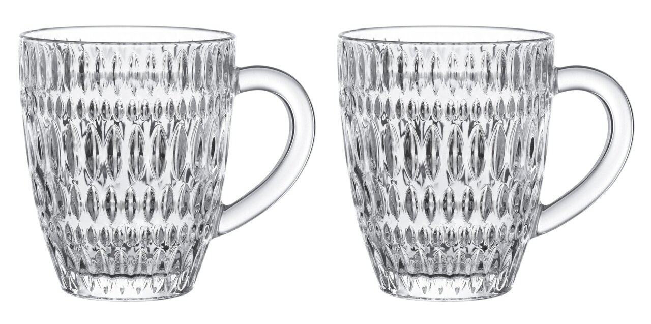 Zwei durchsichtige Barista Kaffeebecher mit strukturiertem Design, frontal nebeneinander stehend.